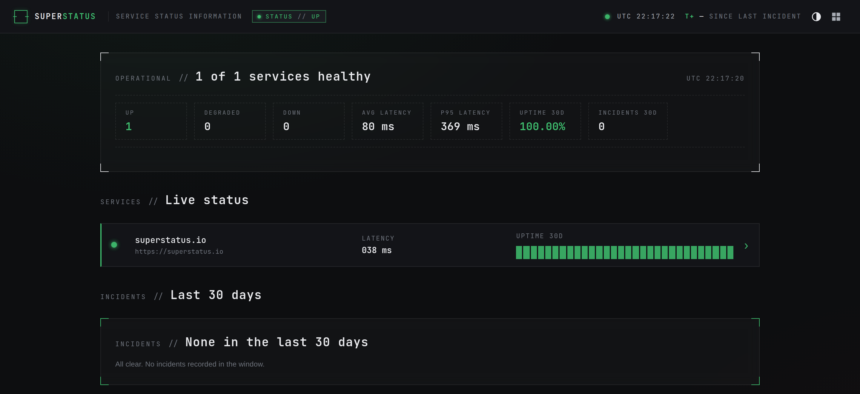 SuperStatus public dashboard — services, uptime strips and incident log in the tactical-HUD style